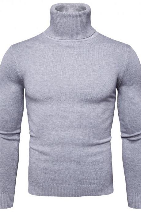 Men Knitted Sweater Autumn Winter Turtleneck Long Sleeve Casual Slim Pullover Tops Light Gray