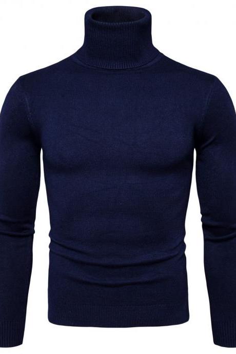 Men Knitted Sweater Autumn Winter Turtleneck Long Sleeve Casual Slim Pullover Tops navy blue