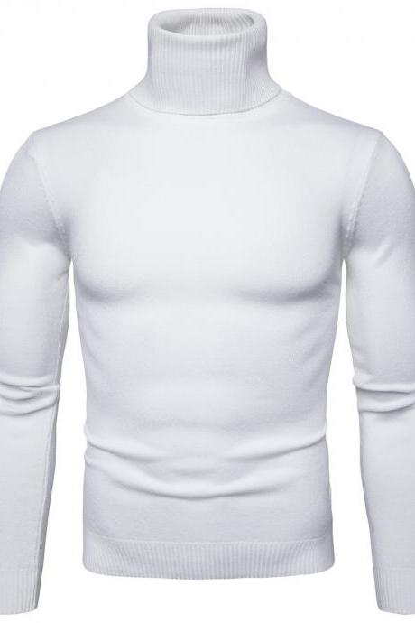 Men Knitted Sweater Autumn Winter Turtleneck Long Sleeve Casual Slim Pullover Tops Off White