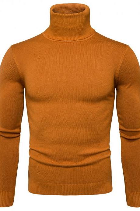 Men Knitted Sweater Autumn Winter Turtleneck Long Sleeve Casual Slim Pullover Tops Yellow