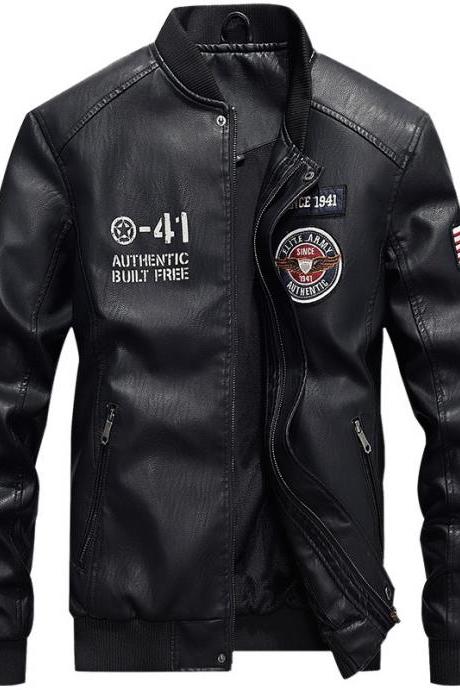 Men Faux PU Leather Coat Spring Autumn Stand Collar Long Sleeve Slim Fit Motorcycle Biker Jacket black