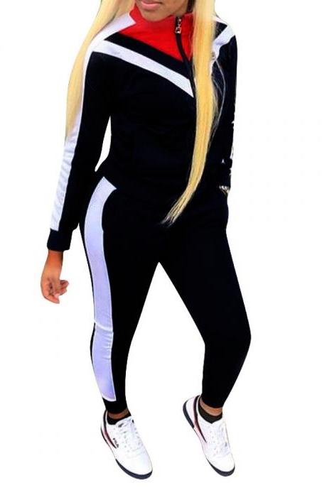 Women Tracksuit Long Sleeve Coat+pants Casual Patchwork Sportswear Two Pieces Set Overalls Black
