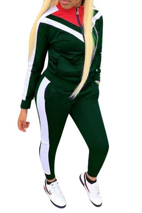 Women Tracksuit Long Sleeve Coat+Pants Casual Patchwork Sportswear Two Pieces Set Overalls hunter green