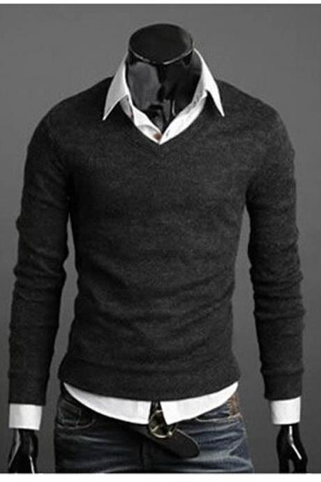Men Knitwear Sweater Spring Autumn V Neck Long Sleeve Jumpers Casual Slim Pullover Tops Dark Gray