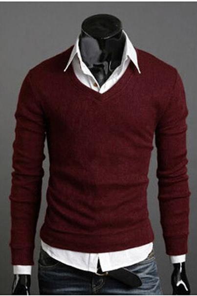 Men Knitwear Sweater Spring Autumn V Neck Long Sleeve Jumpers Casual Slim Pullover Tops wine red