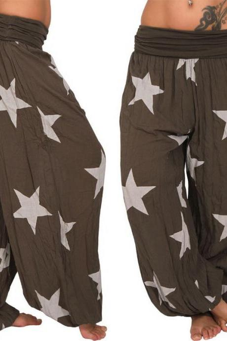  Women Star Printed Lantern Pants Elastic Waist Plus Size Hippie Baggy Casual Loose Wide Leg Trousers coffee