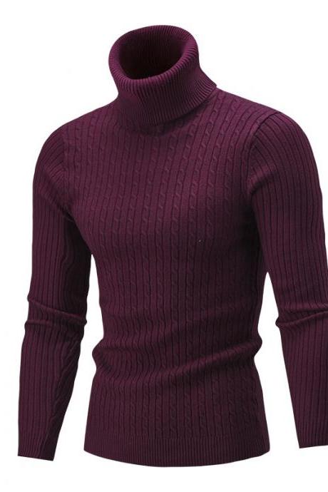 Men Sweater Autumn Winter Turtleneck Long Sleeve Casual Slim Fit Knitted Pullover Tops wine red