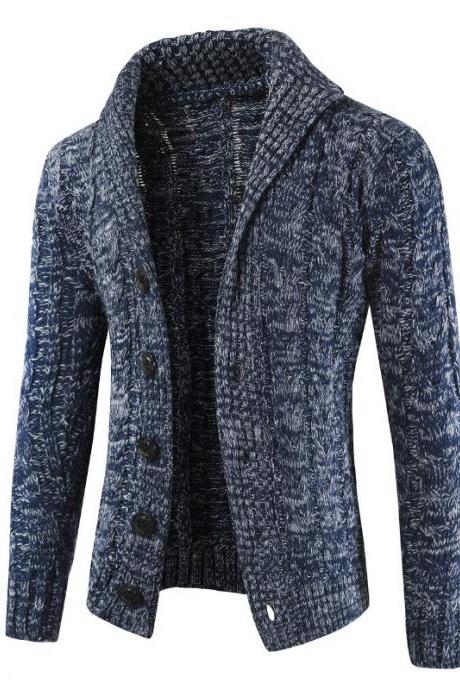 Men Sweater Coat Autumn Winter Warm Long Sleeve Casual Turn-Down Collar Button Knitted Cardigan Jacket navy blue