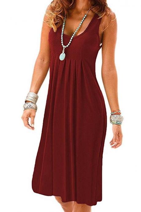 Women Casual Dress Boho Loose Sleeveless Plus Size Holiday Summer Beach Sundress wine red