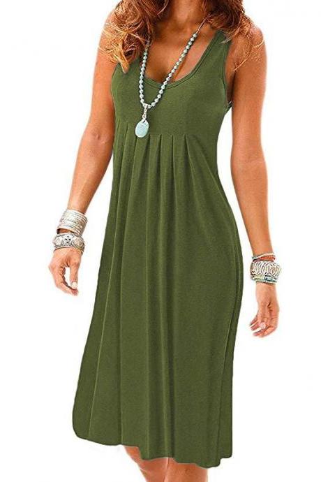 Women Casual Dress Boho Loose Sleeveless Plus Size Holiday Summer Beach Sundress army green