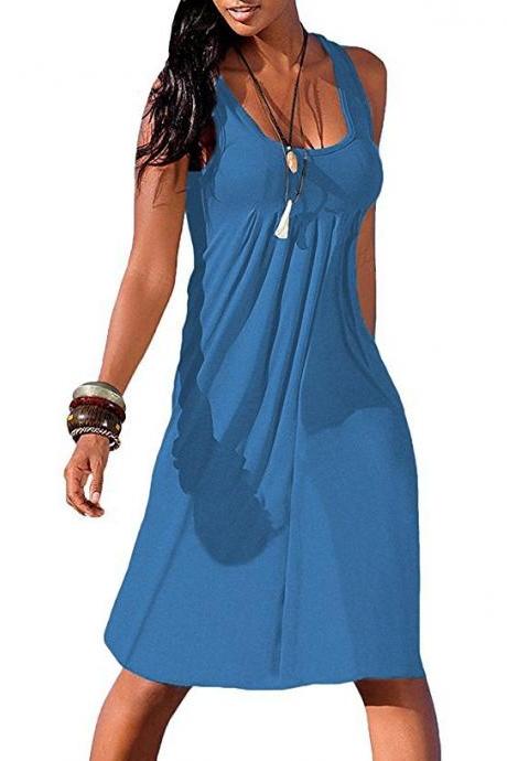 Women Casual Dress Boho Loose Sleeveless Plus Size Holiday Summer Beach Sundress blue
