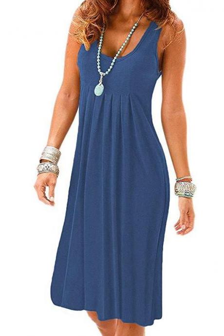 Women Casual Dress Boho Loose Sleeveless Plus Size Holiday Summer Beach Sundress jeans blue 
