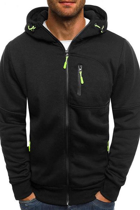  Men Hoodie Coat Spring Autumn Long Sleeve Hooded Zipper Fitness Casual Sweatshirt Jacket black