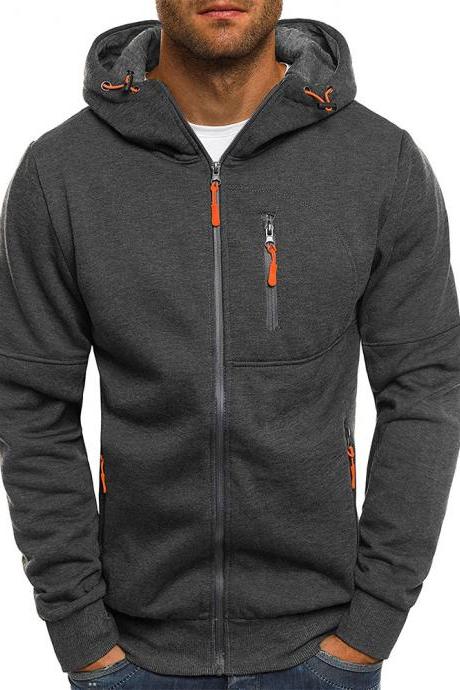 Men Hoodie Coat Spring Autumn Long Sleeve Hooded Zipper Fitness Casual Sweatshirt Jacket dark gray
