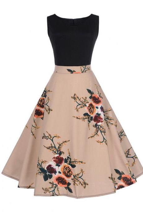Women Floral Printed Dress Summer Casual Patchwork Sleeveless Rockbility A-Line Formal Party Dress 1#