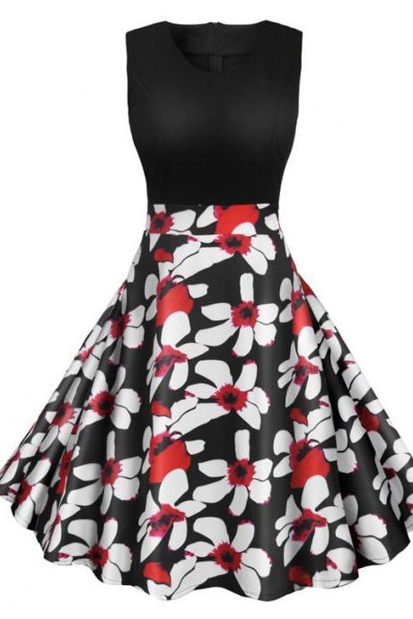 Women Floral Printed Dress Summer Casual Patchwork Sleeveless Rockbility A-Line Formal Party Dress 3#