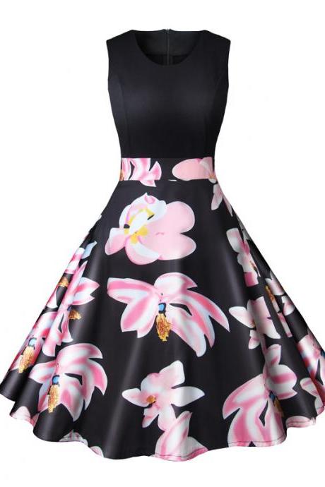 Women Floral Printed Dress Summer Casual Patchwork Sleeveless Rockbility A-Line Formal Party Dress 4#