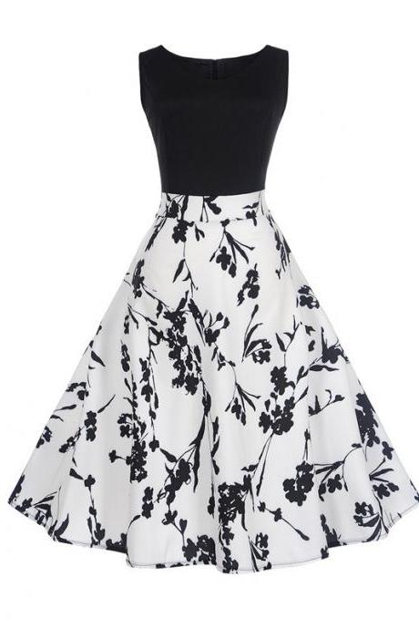 Women Floral Printed Dress Summer Casual Patchwork Sleeveless Rockbility A-Line Formal Party Dress 6#