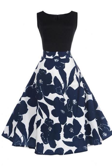 Women Floral Printed Dress Summer Casual Patchwork Sleeveless Rockbility A-Line Formal Party Dress 8#