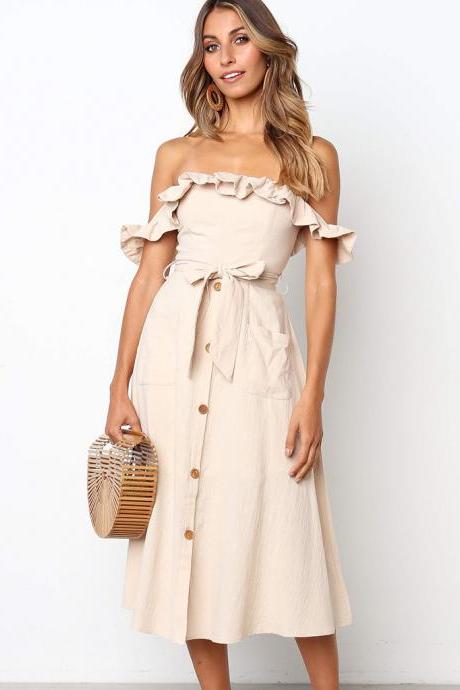 Women Casual Dress Off the Shoulder Ruffles Button Belted Midi Evening Party Dress khaki