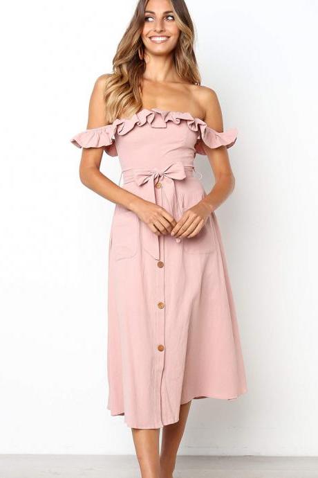 Women Casual Dress Off the Shoulder Ruffles Button Belted Midi Evening Party Dress pink