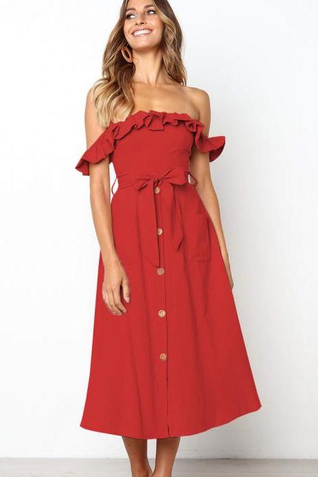 Women Casual Dress Off the Shoulder Ruffles Button Belted Midi Evening Party Dress red