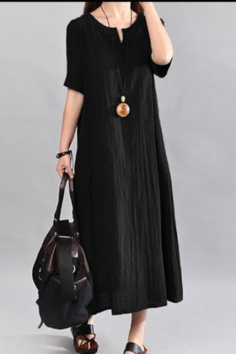  Women Maxi Dress Summer Short Sleeve Loose Linen Casual Party Beach Long Dress black