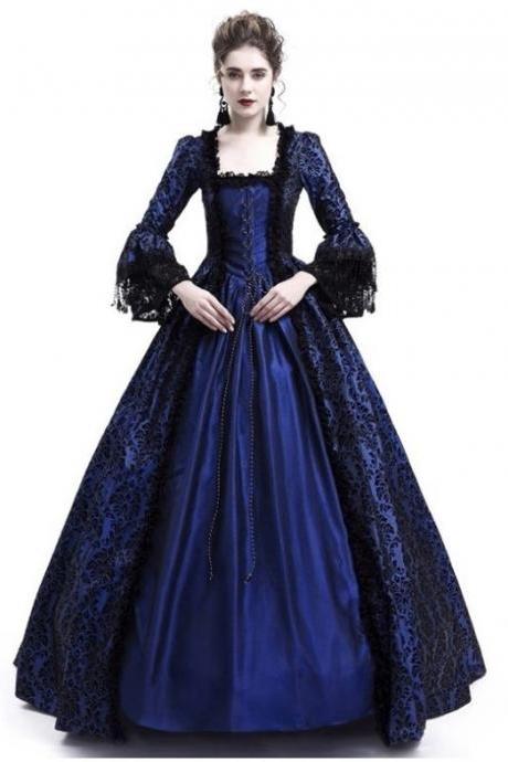 Women Medieval Princess Costumes Century Gothic Victorian Queen Lace Long Sleeve Ball Gown Dress Navy Blue