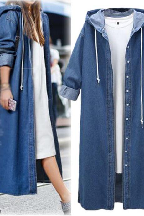 Women Denim Trench Coat Hooded Casual Long Sleeve Plus Size Jacket Outerwear Dark Blue