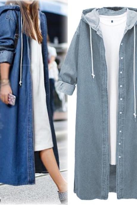 Women Denim Trench Coat Hooded Casual Long Sleeve Plus Size Jacket Outerwear Light Blue
