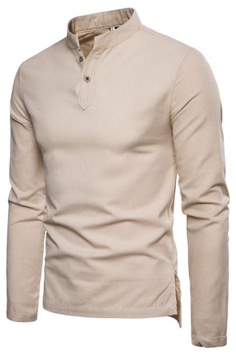Men Shirt Spring Autumn Long Sleeve Stand Collar Casual Youth Plus Size Slim Fit Shirt Beige
