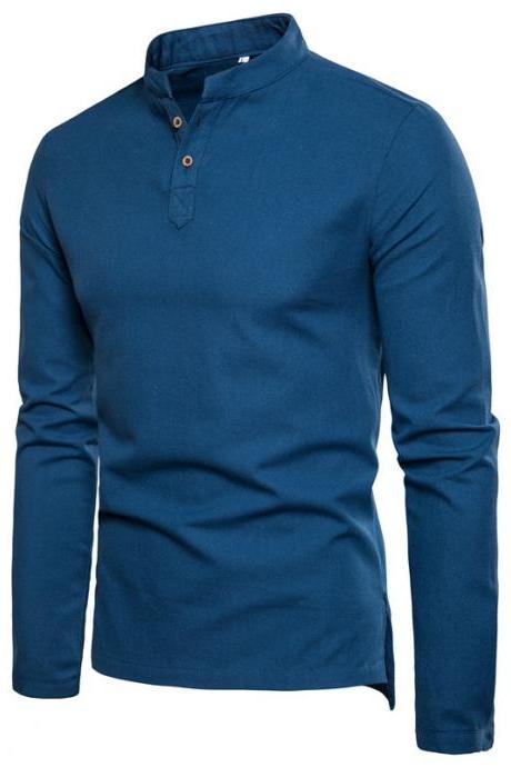 Men Shirt Spring Autumn Long Sleeve Stand Collar Casual Youth Plus Size Slim Fit Shirt Blue