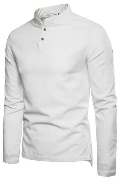 Men Shirt Spring Autumn Long Sleeve Stand Collar Casual Youth Plus Size Slim Fit Shirt off white