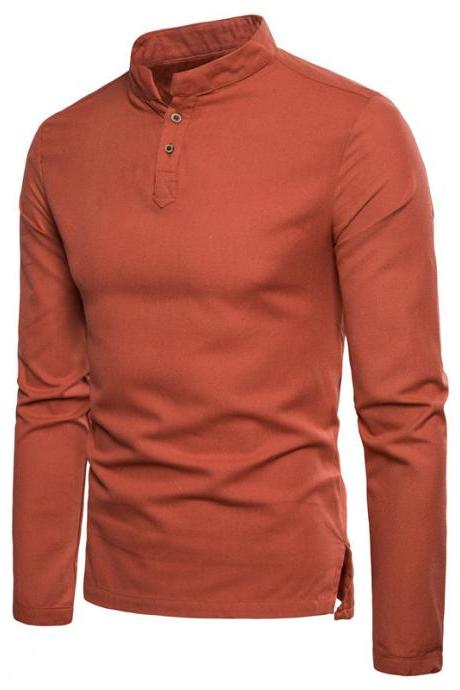  Men Shirt Spring Autumn Long Sleeve Stand Collar Casual Youth Plus Size Slim Fit Shirt orange