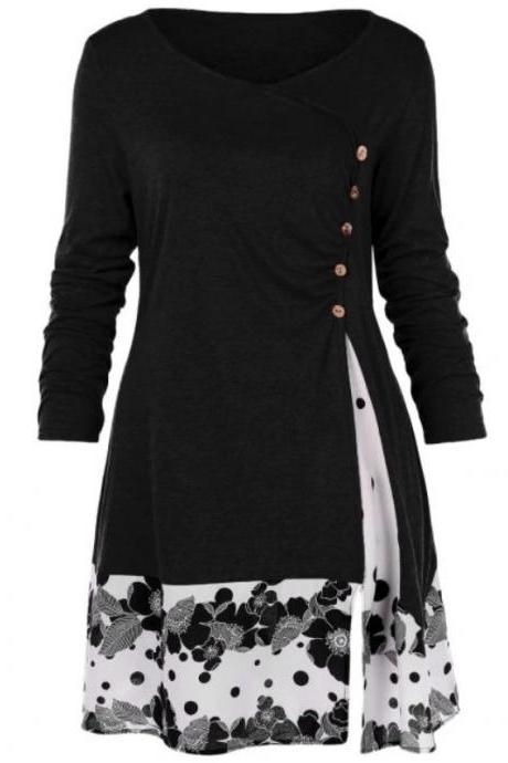 Women Long Sleeve T Shirt Spring Autumn Floral Patchwork Button Plus Size Casual Loose Tops black