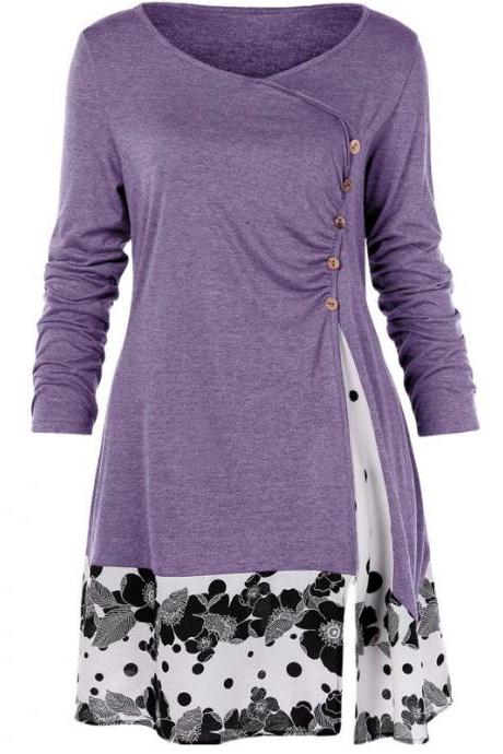 Women Long Sleeve T Shirt Spring Autumn Floral Patchwork Button Plus Size Casual Loose Tops lavender