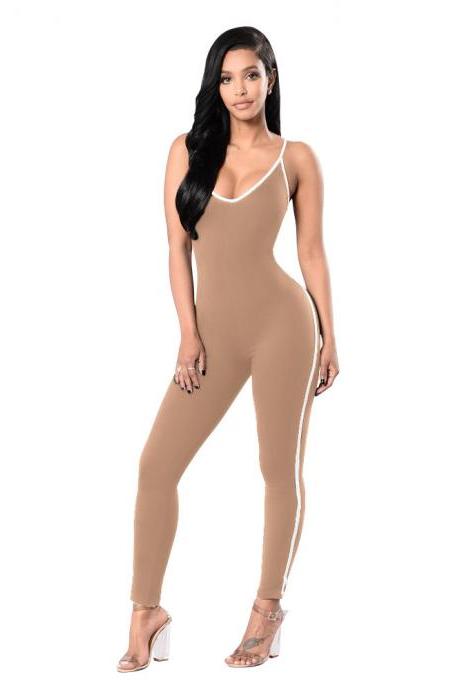 Women Jumpsuit Spaghetti Strap Sleeveless Fitness Workout Bodycon Slim Bodysuit Rompers Overalls Apricot