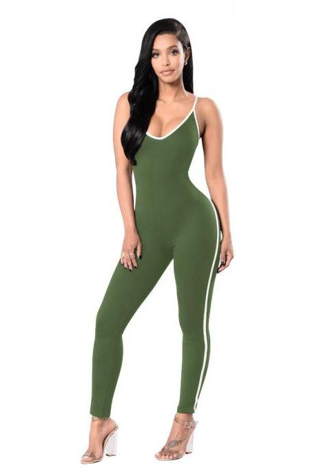 Women Jumpsuit Spaghetti Strap Sleeveless Fitness Workout Bodycon Slim Bodysuit Rompers Overalls Army Green