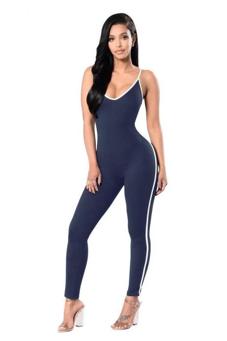 Women Jumpsuit Spaghetti Strap Sleeveless Fitness Workout Bodycon Slim Bodysuit Rompers Overalls navy blue