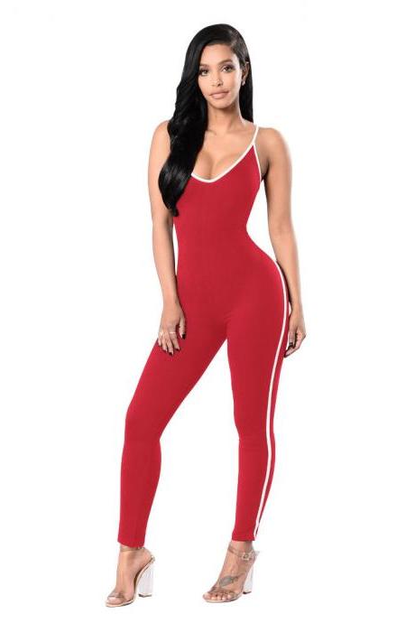Women Jumpsuit Spaghetti Strap Sleeveless Fitness Workout Bodycon Slim Bodysuit Rompers Overalls red
