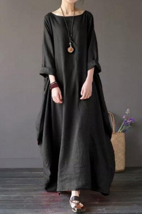 Women Maxi Dress 3/4 Sleeve Loose Linen Casual Plus Size Party Beach Long Dress Black