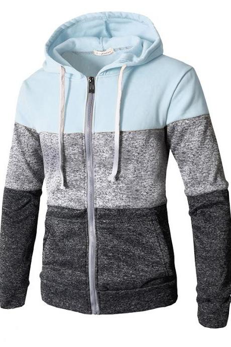 Men Hoodies Patchwork Color Long Sleeve Hooded Zipper Casual Slim Cardigan Sweatshirt light blue
