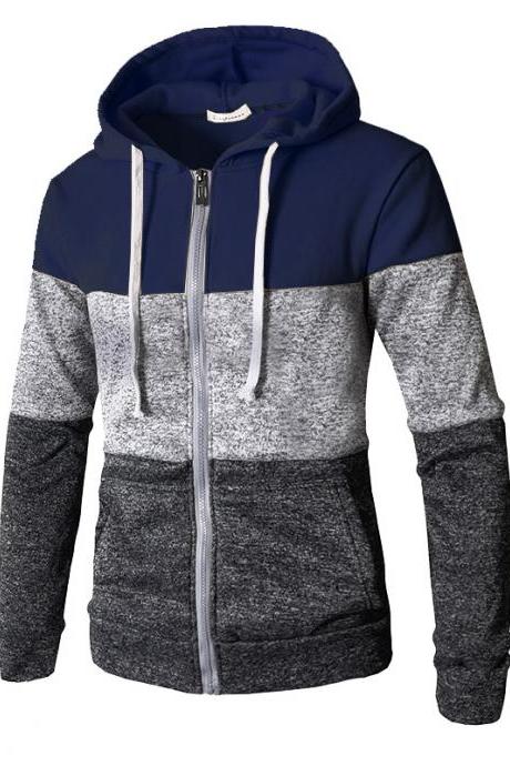 Men Hoodies Patchwork Color Long Sleeve Hooded Zipper Casual Slim Cardigan Sweatshirt navy blue
