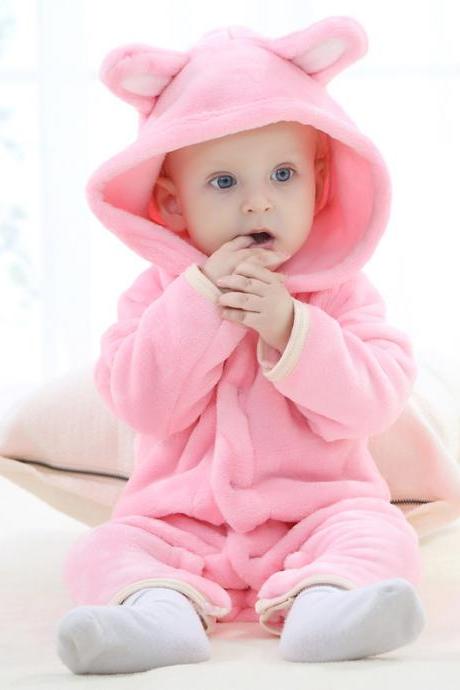 Baby Boys Girls Flannel Jumpsuit Bear Hooded Toddler Infant Romper Animal Clothes Pink