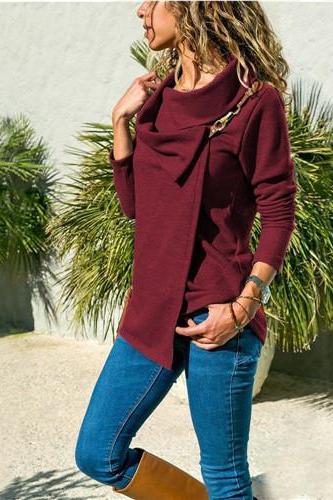 Women Long Sleeve T Shirt Spring Autumn Leather Buckle Plus Size Casual Slim Tops wine red