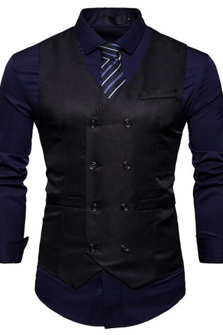  Men Suit Waistcoat Double Breasted Slim Fit Vest Wedding Business Casual Sleeveless Coat black