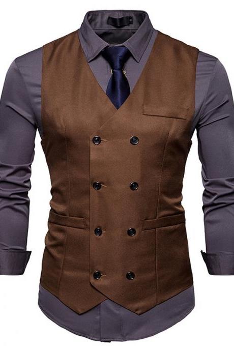 Men Suit Waistcoat Double Breasted Slim Fit Vest Wedding Business Casual Sleeveless Coat coffee