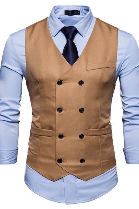  Men Suit Waistcoat Double Breasted Slim Fit Vest Wedding Business Casual Sleeveless Coat khaki