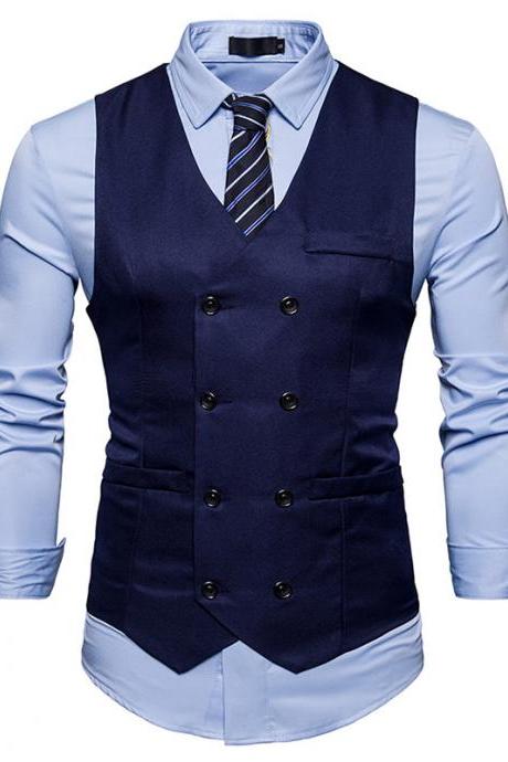  Men Suit Waistcoat Double Breasted Slim Fit Vest Wedding Business Casual Sleeveless Coat navy blue