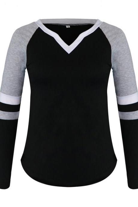  Women Long Sleeve T Shirt Spring Autumn V-Neck Striped Patchwork Casual Slim Plus Size Tops black